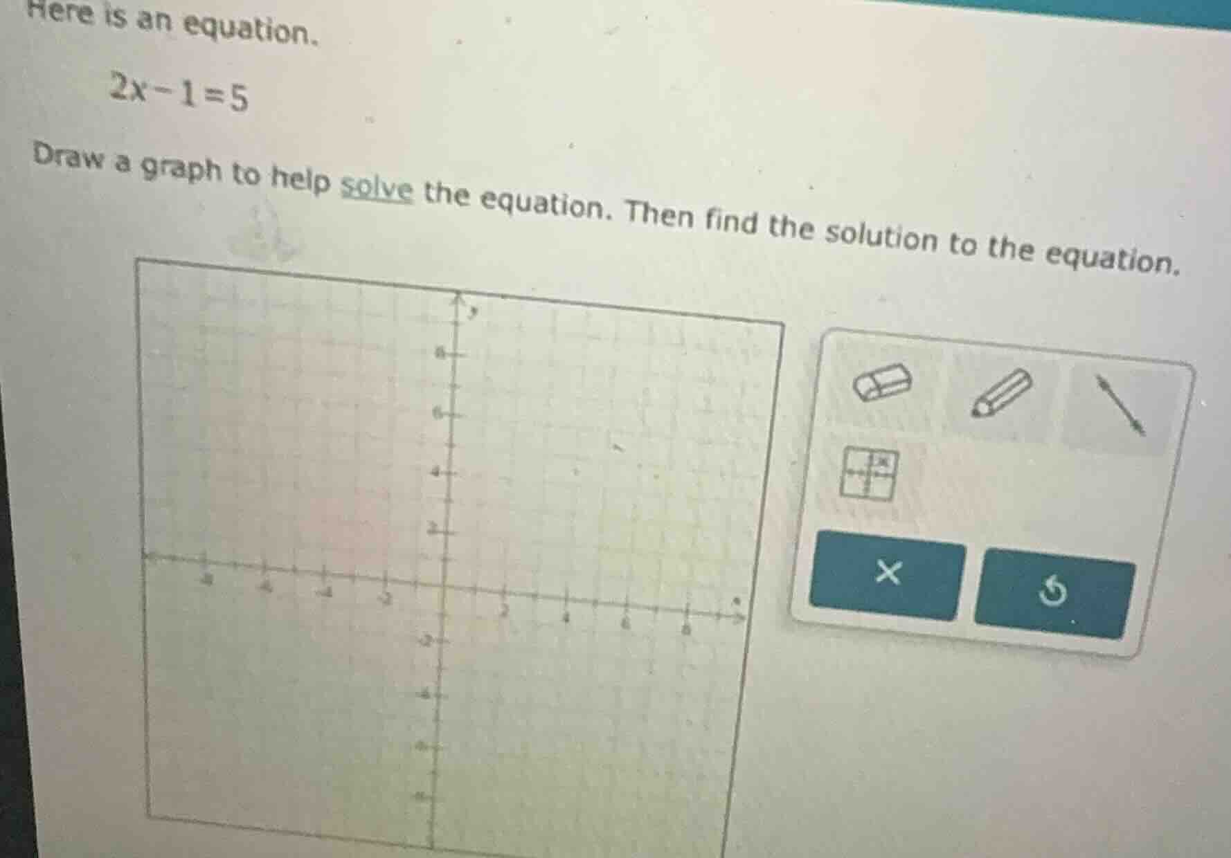 here is an equation. 2x - 1 = 5 draw a graph to help solve the equation…