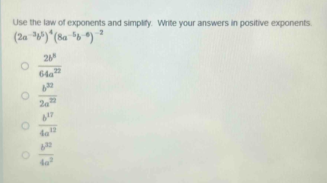 use the law of exponents and simplify. write your answers in positive e…