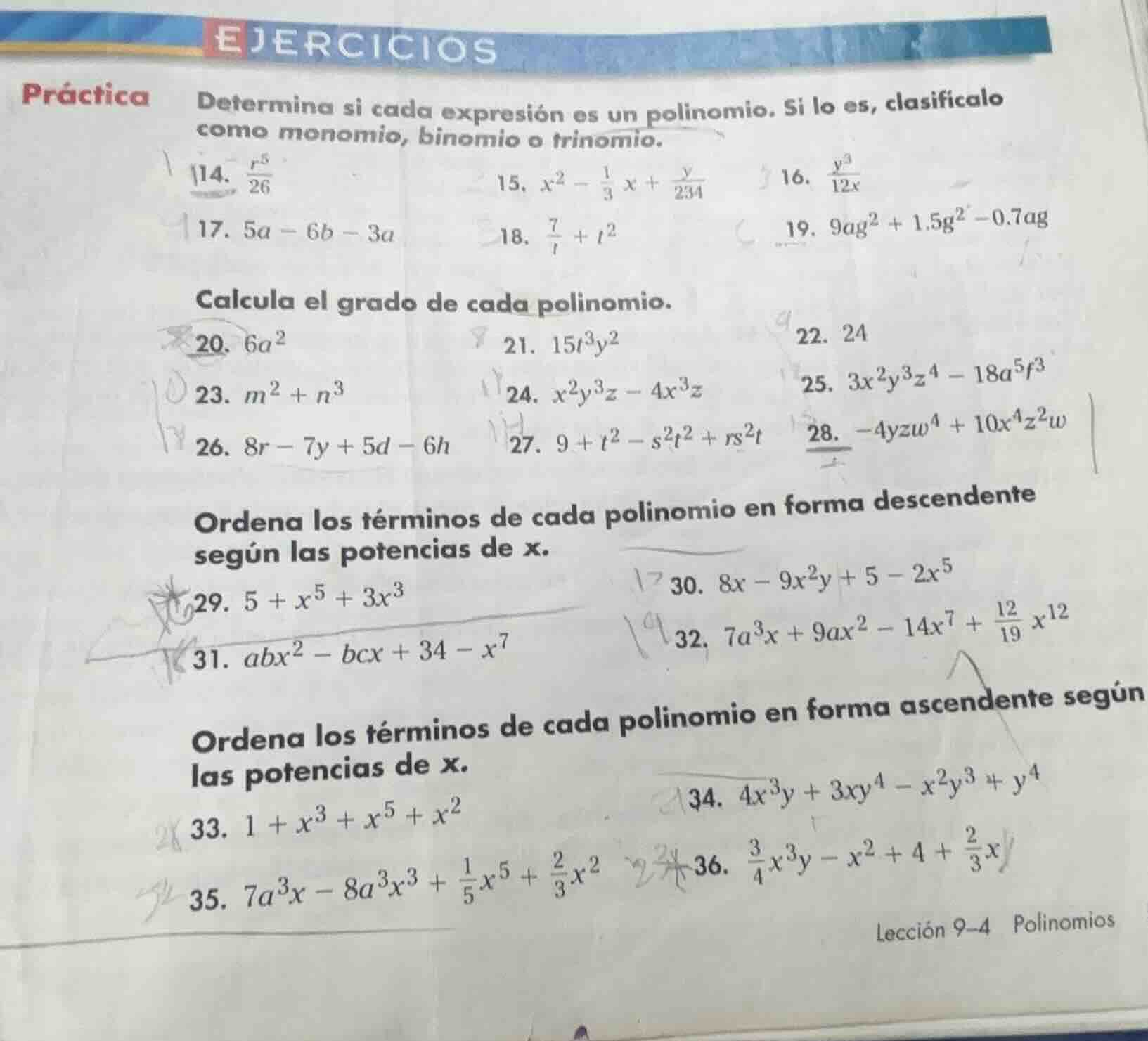 ejercicios práctica determina si cada expresión es un polinomio. si lo …