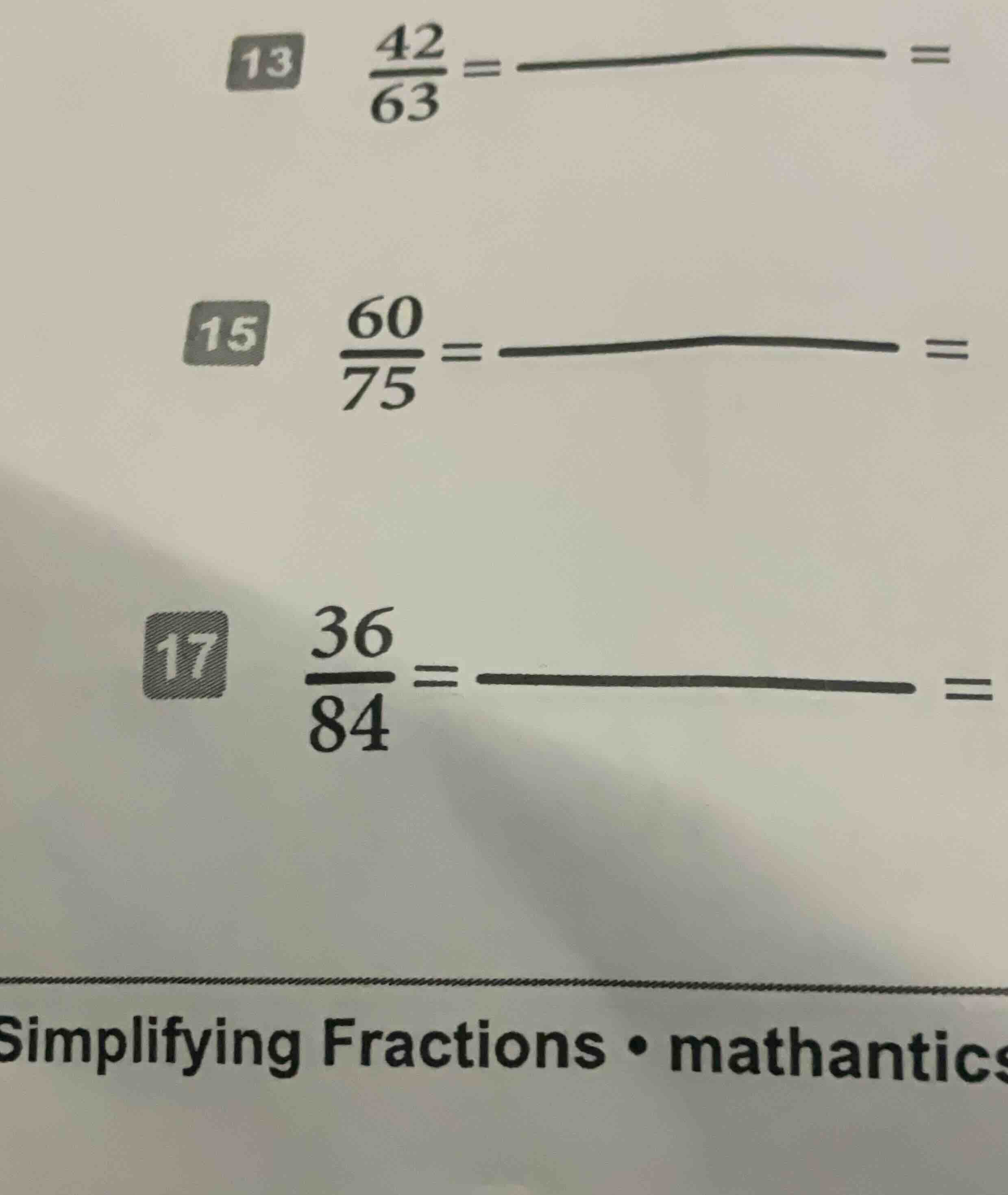 13 \\(\\frac{42}{63}=\\underline{\\quad\\quad}=\\)\ 15 \\(\\frac{60}{75…