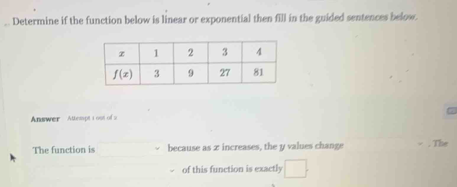 determine if the function below is linear or exponential then fill in t…