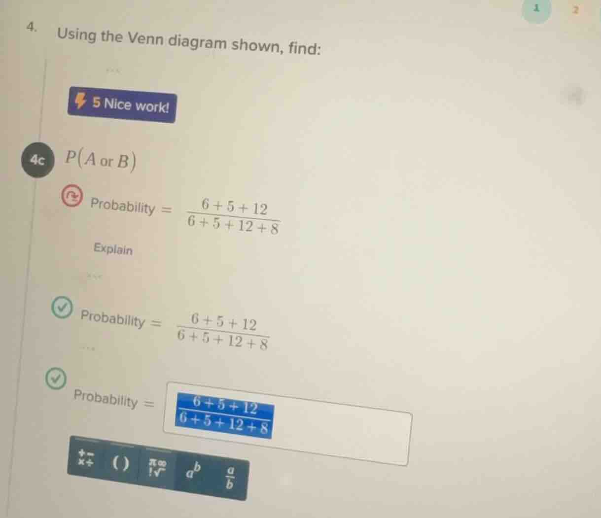 4. using the venn diagram shown, find: 4c ( p(a \text{ or } b) ) probab…