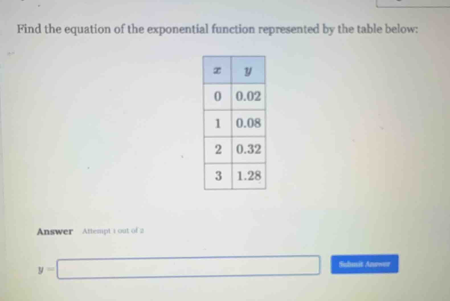 find the equation of the exponential function represented by the table …