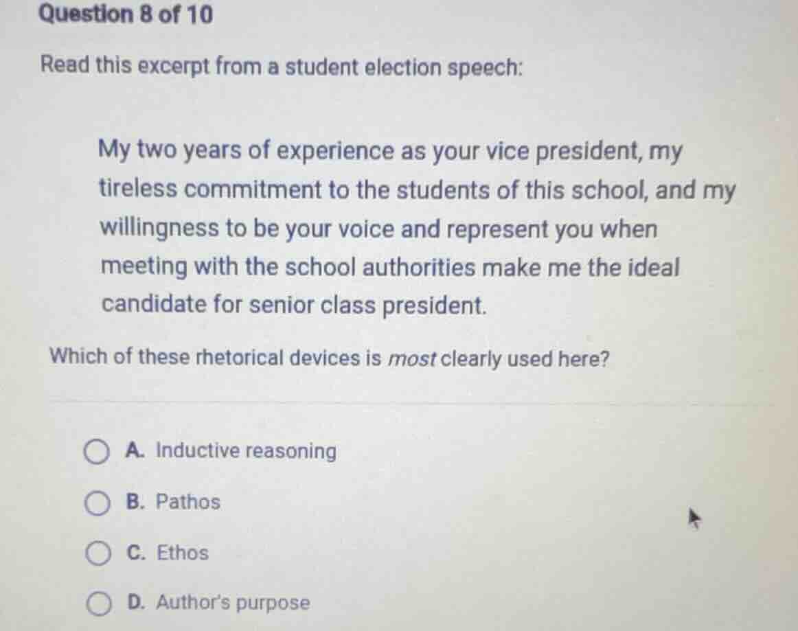 question 8 of 10 read this excerpt from a student election speech: my t…