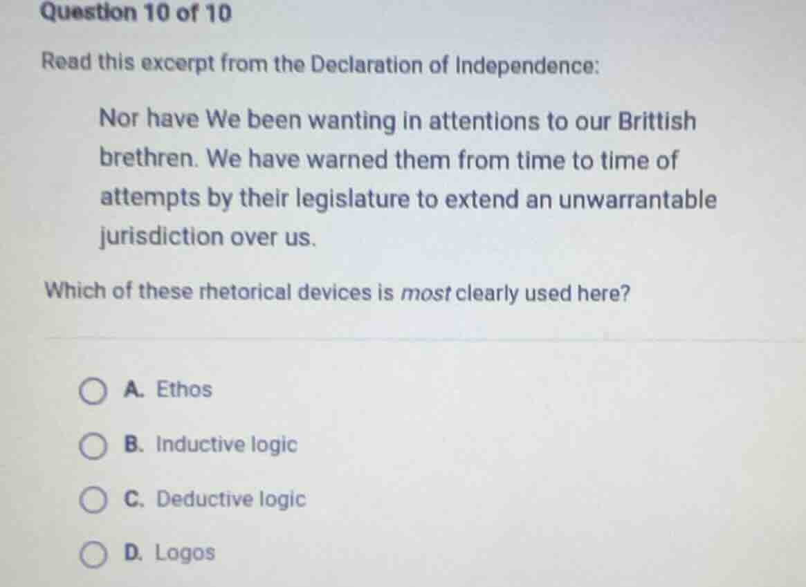 question 10 of 10 read this excerpt from the declaration of independenc…