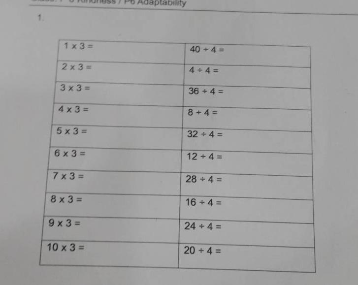 1. $1 \\times 3 = $ \t $40 \\div 4 = $ $2 \\times 3 = $ \t $4 \\div 4 =…