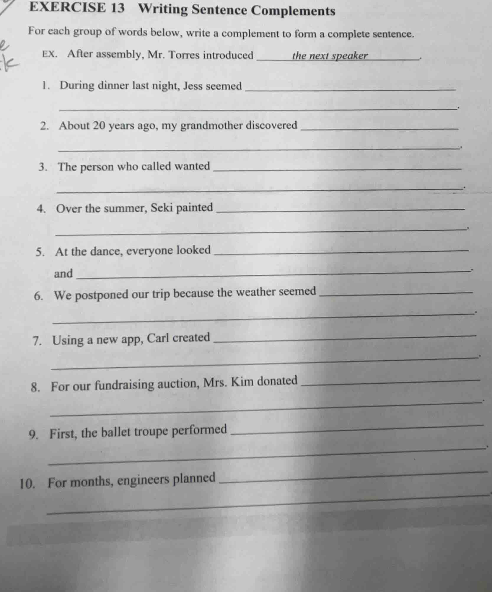 exercise 13 writing sentence complements for each group of words below,…