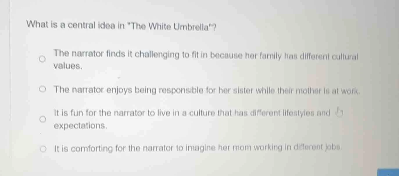 what is a central idea in \the white umbrella\? the narrator finds it c…