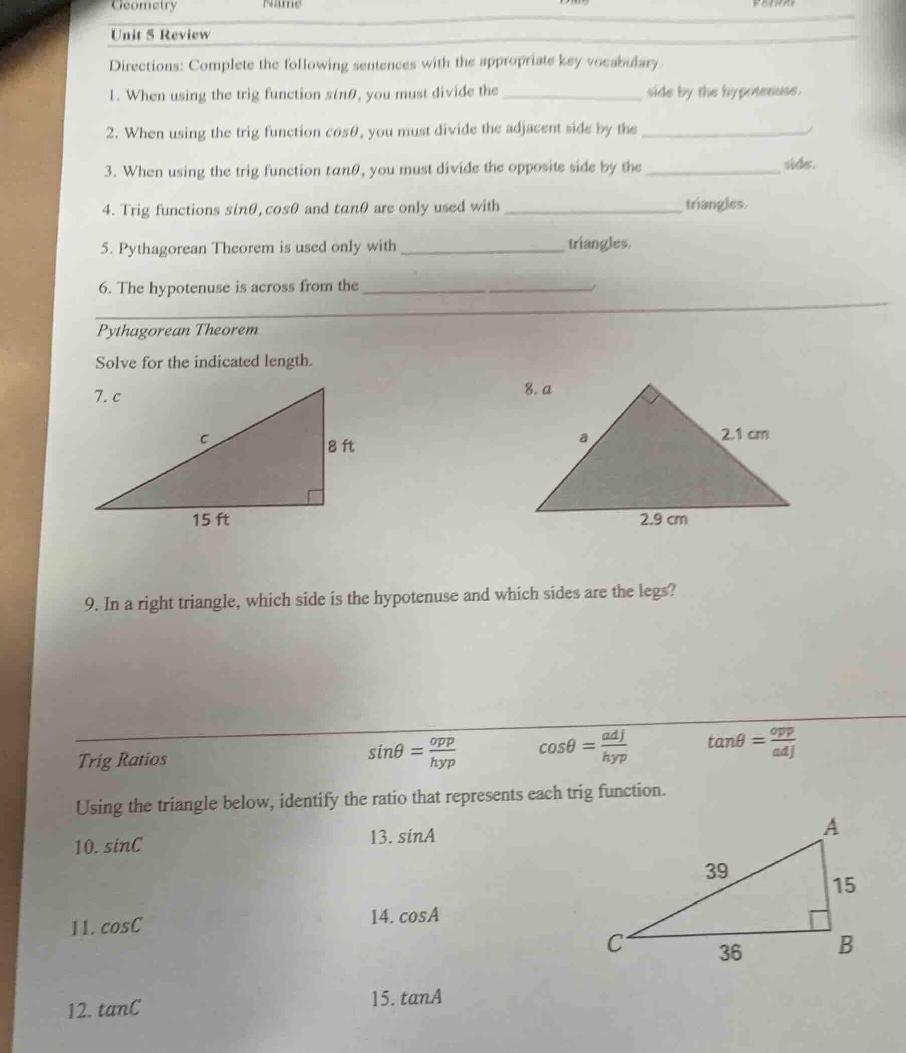 geometry name date period unit 5 review directions: complete the follow…