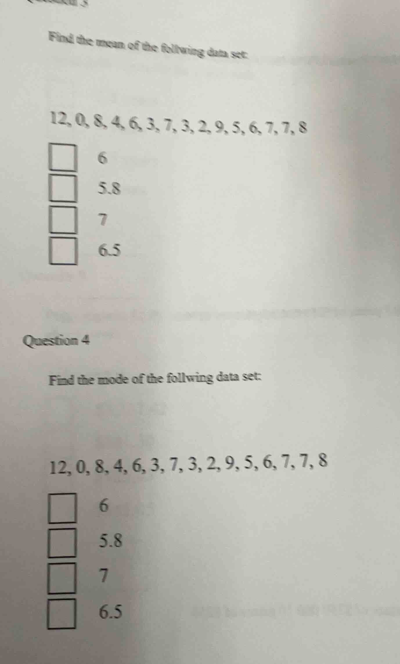 find the mean of the follwing data set: 12, 0, 8, 4, 6, 3, 7, 3, 2, 9, …
