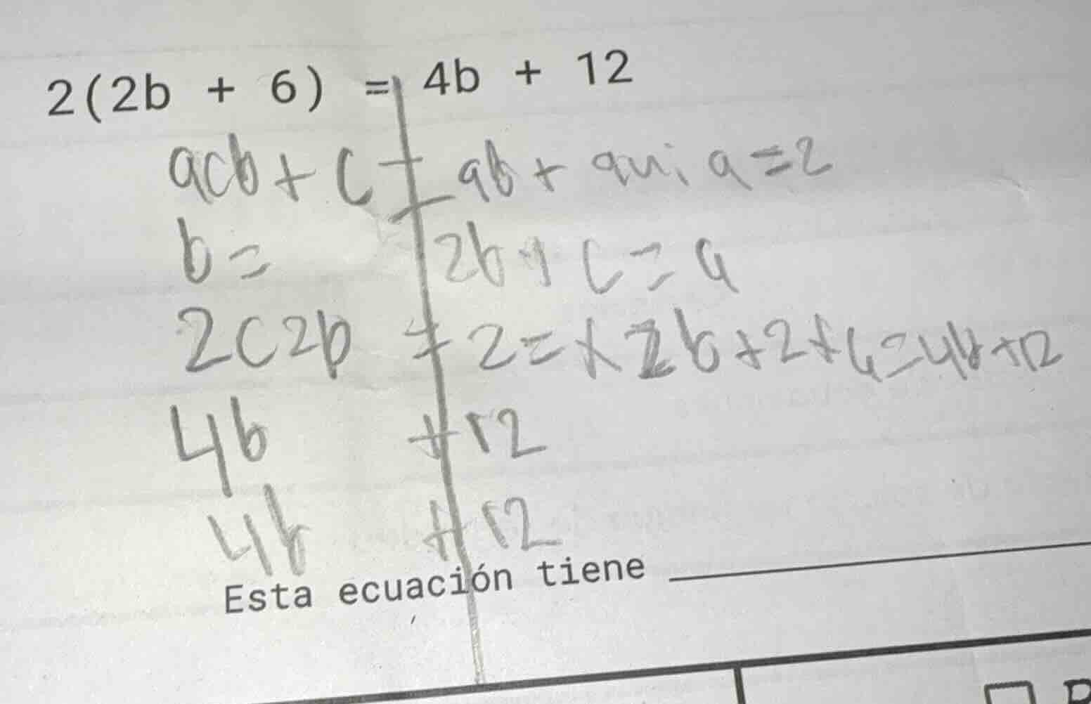 2(2b + 6) = 4b + 12\ esta ecuación tiene ____