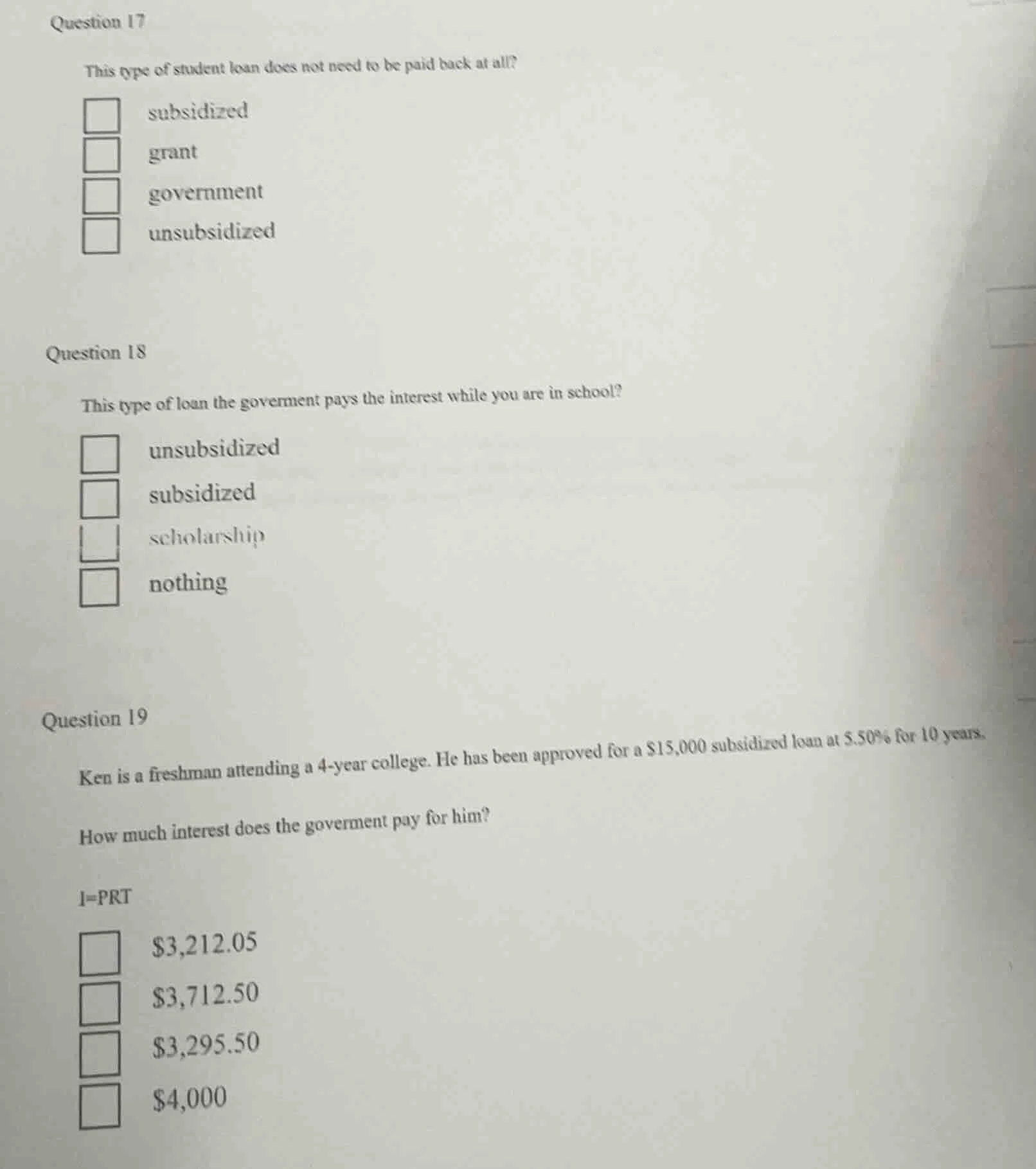 question 17 this type of student loan does not need to be paid back at …