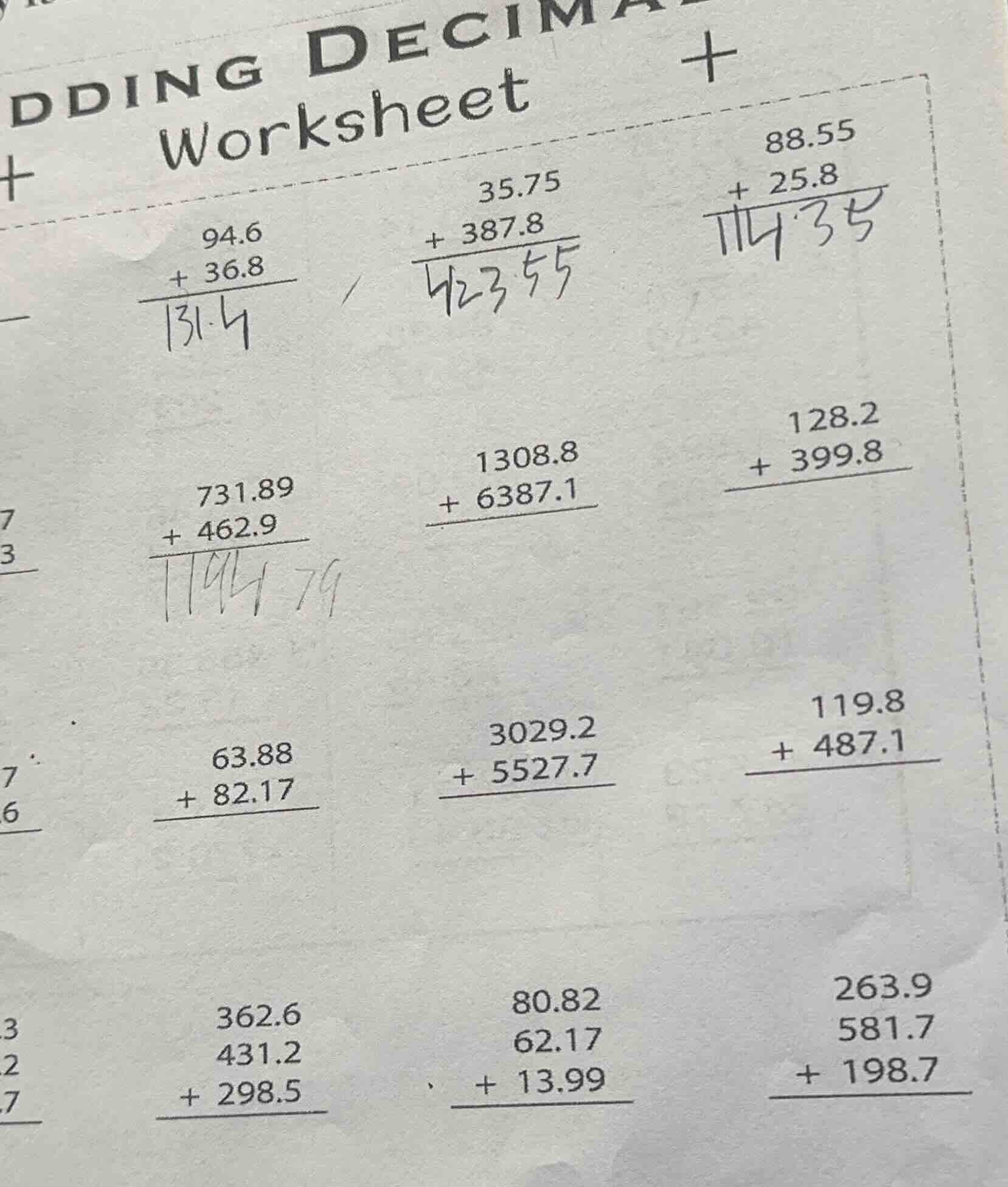 adding decimals worksheet 94.6 + 36.8 35.75 + 387.8 88.55 + 25.8 731.89…