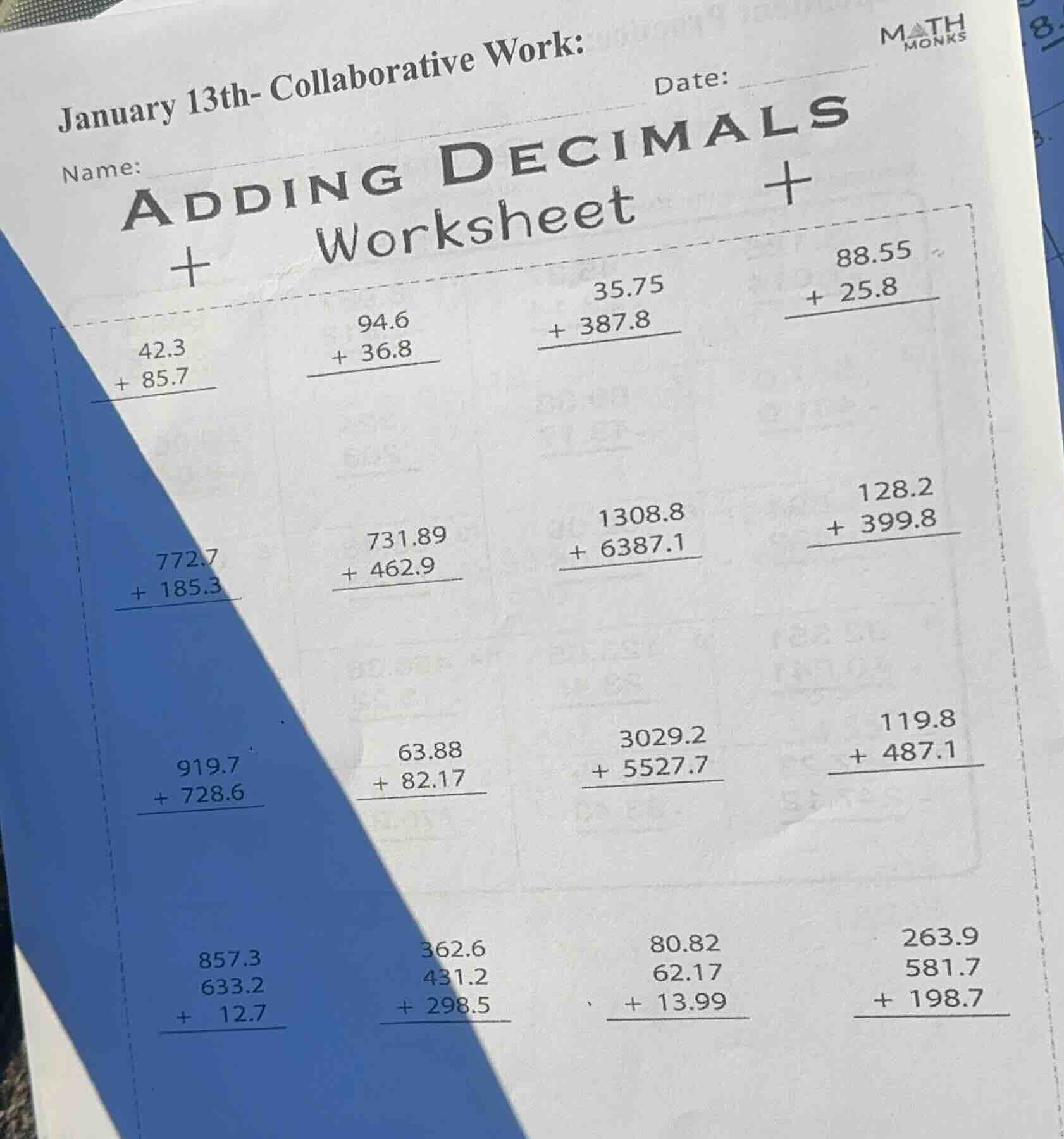 january 13th- collaborative work: name: date: adding decimals worksheet…