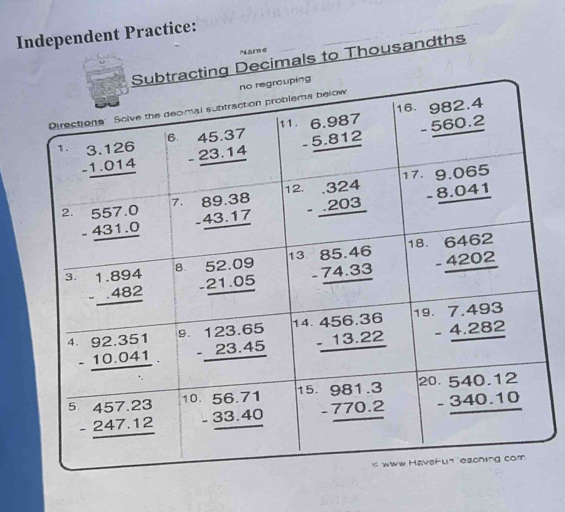 independent practice: subtracting decimals to thousandths name no regro…