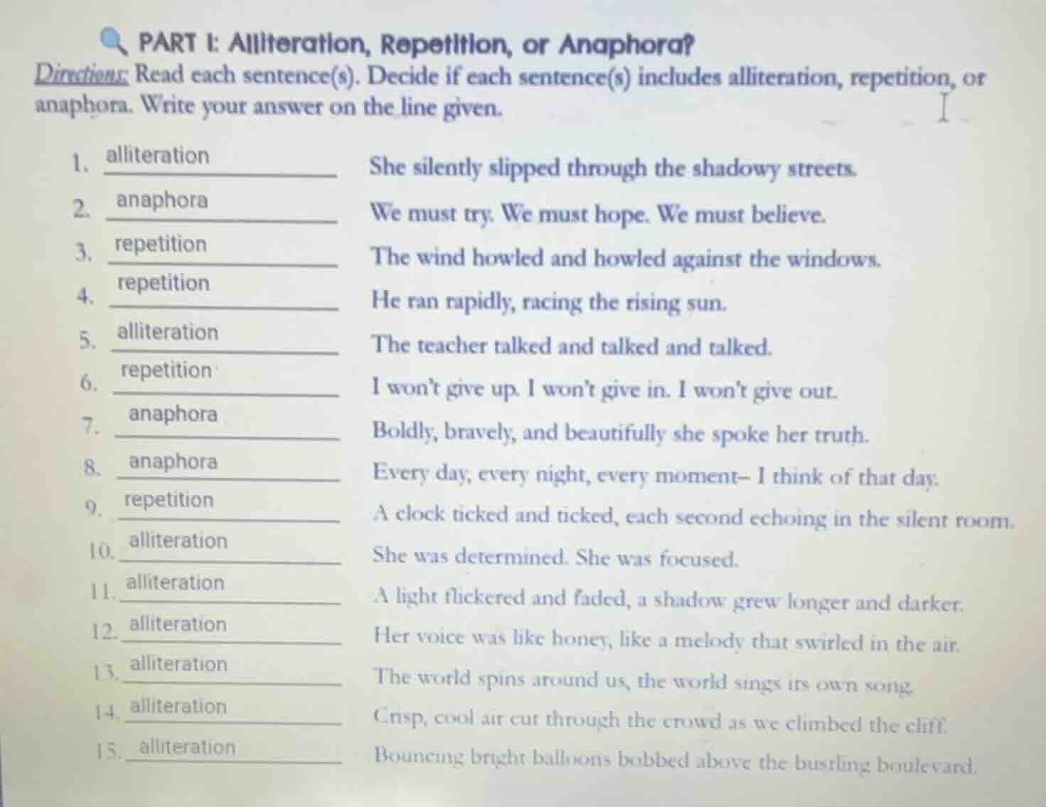 part 1: alliteration, repetition, or anaphora? directions: read each se…