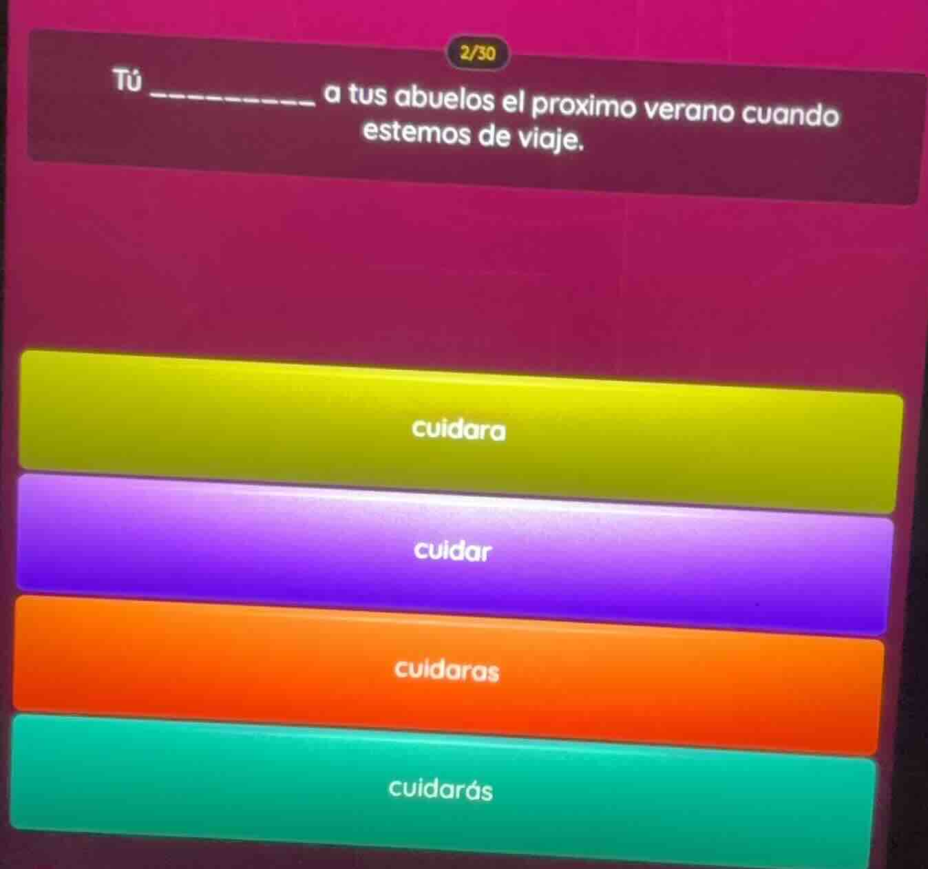 tú ________ a tus abuelos el proximo verano cuando estemos de viaje. op…
