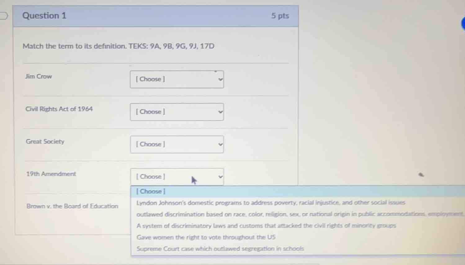 question 1 5 pts match the term to its definition. teks: 9a, 9b, 9g, 9j…