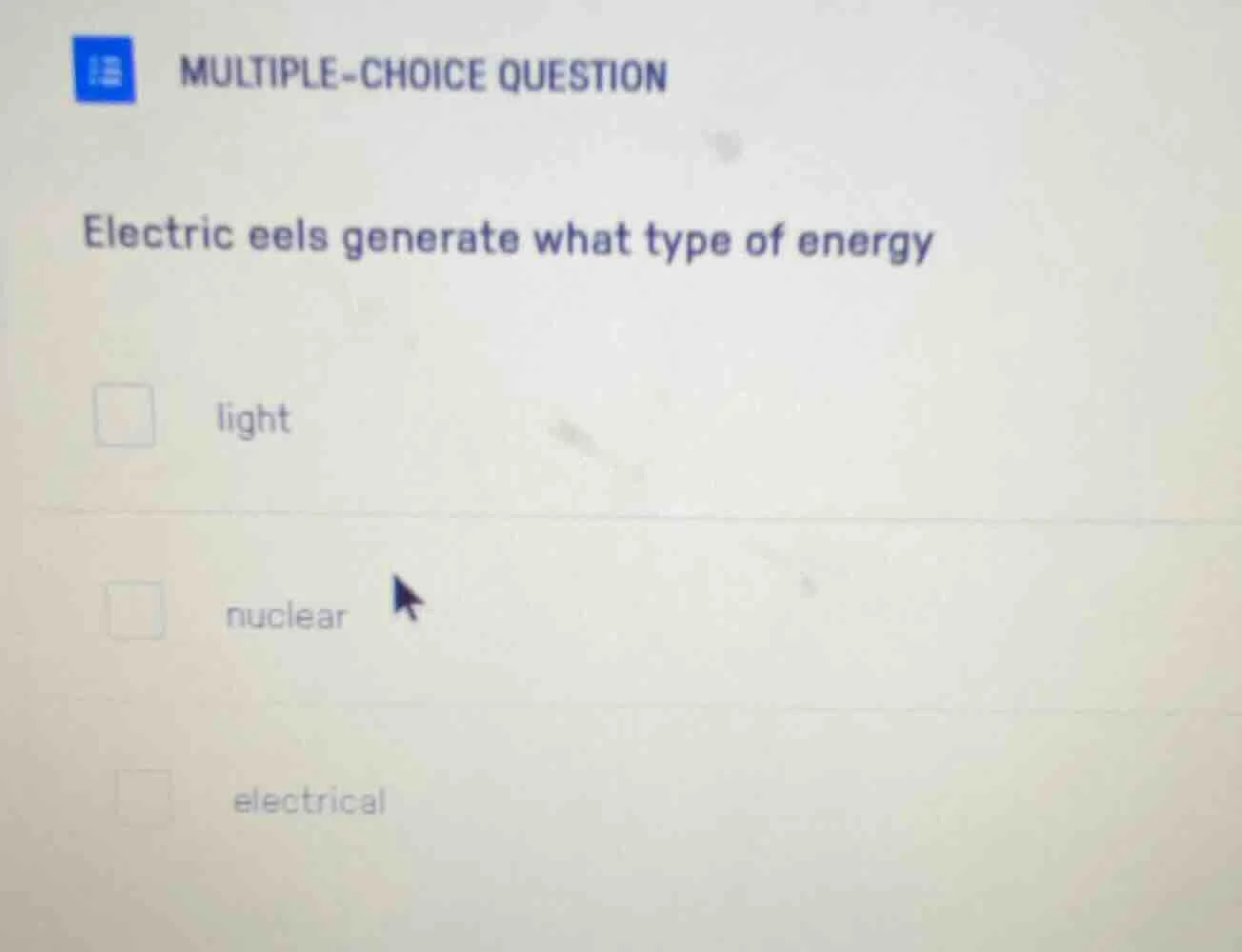 multiple-choice question electric eels generate what type of energy lig…