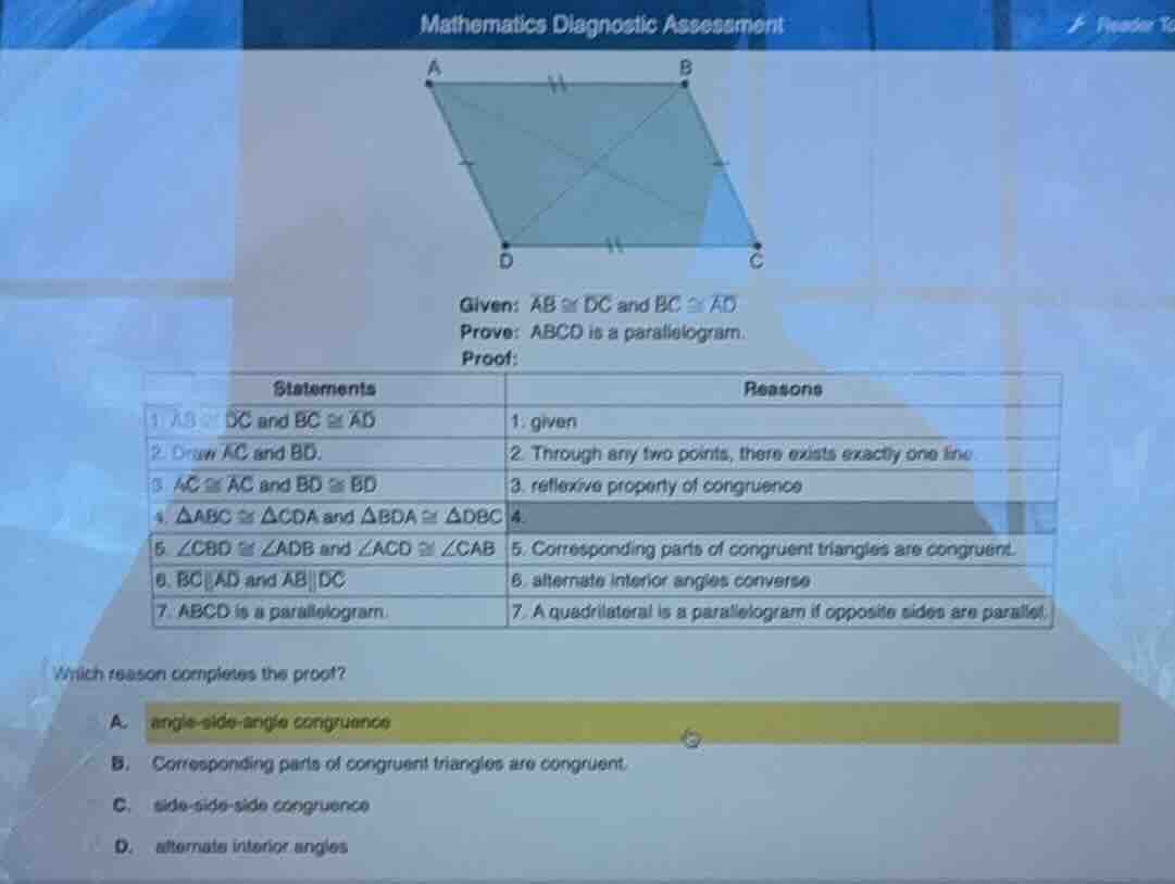 mathematics diagnostic assessment given: ( ab cong dc ) and ( bc cong a…