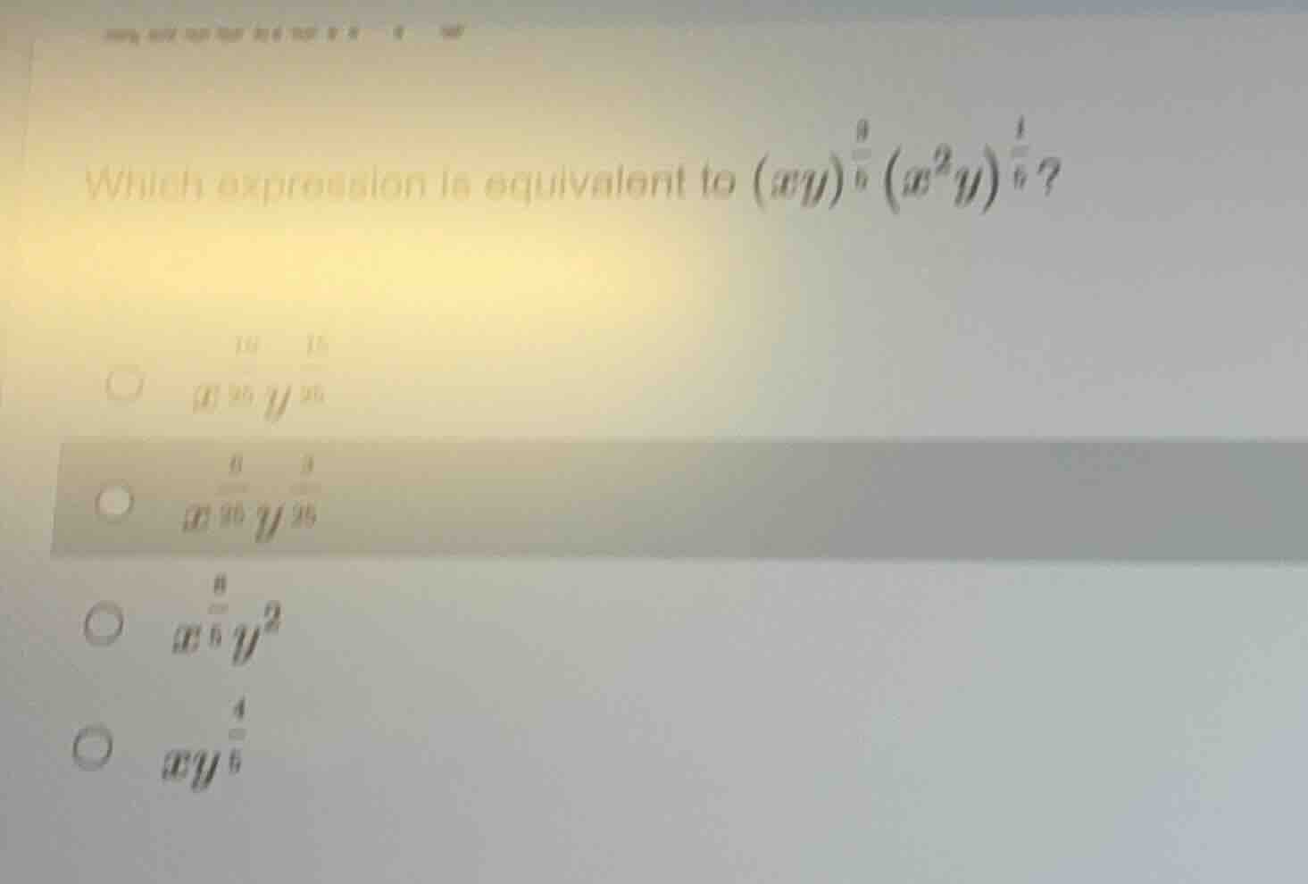 which expression is equivalent to ((xy)^{\frac{9}{5}}(x^2y)^{\frac{1}{5…
