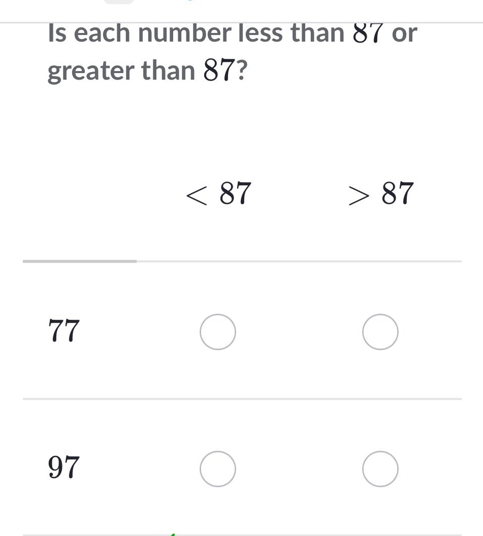 is each number less than 87 or greater than 87? < 87 > 87 77 97