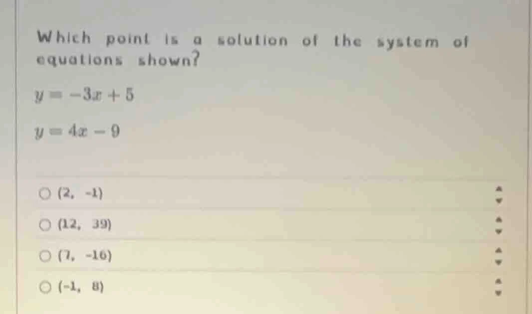 which point is a solution of the system of equations shown? y = -3x + 5…