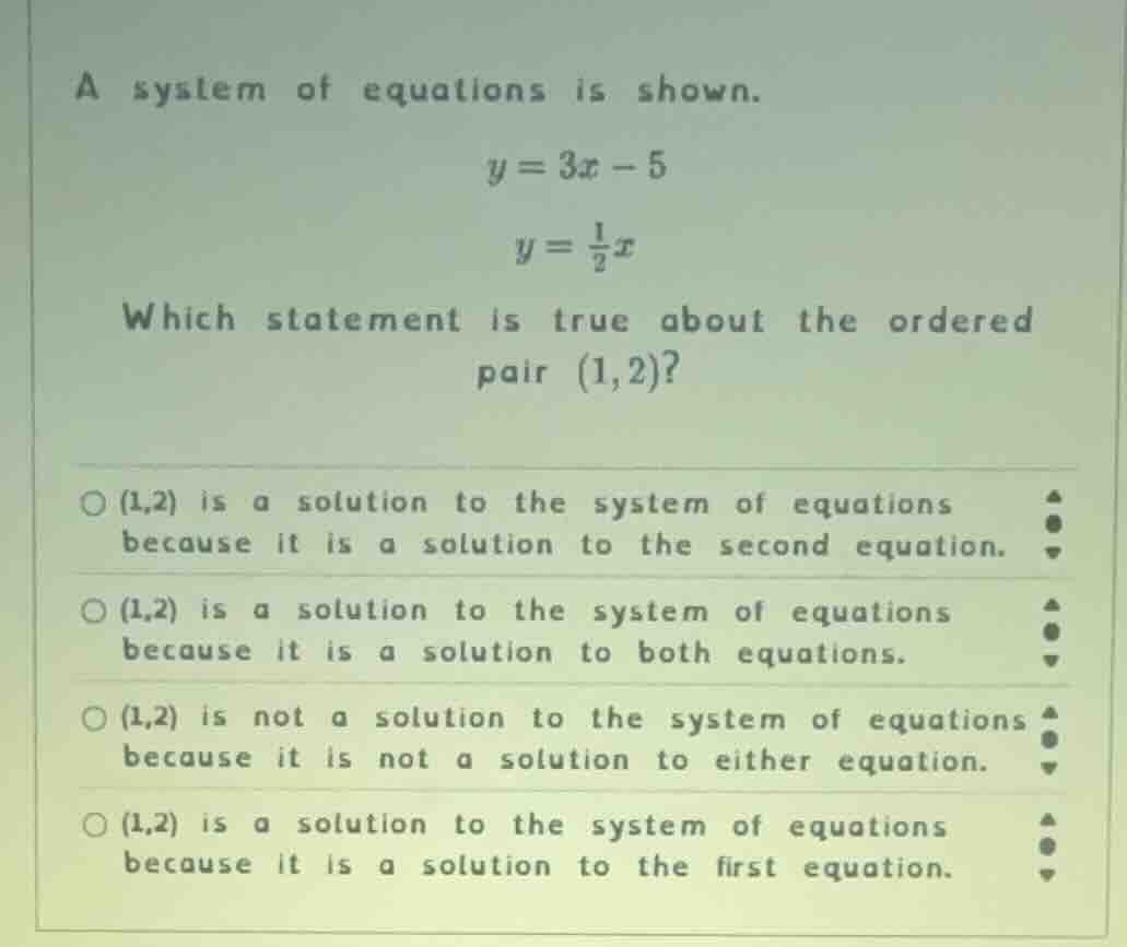 a system of equations is shown. $y = 3x - 5$ $y = \\frac{1}{2}x$ which …