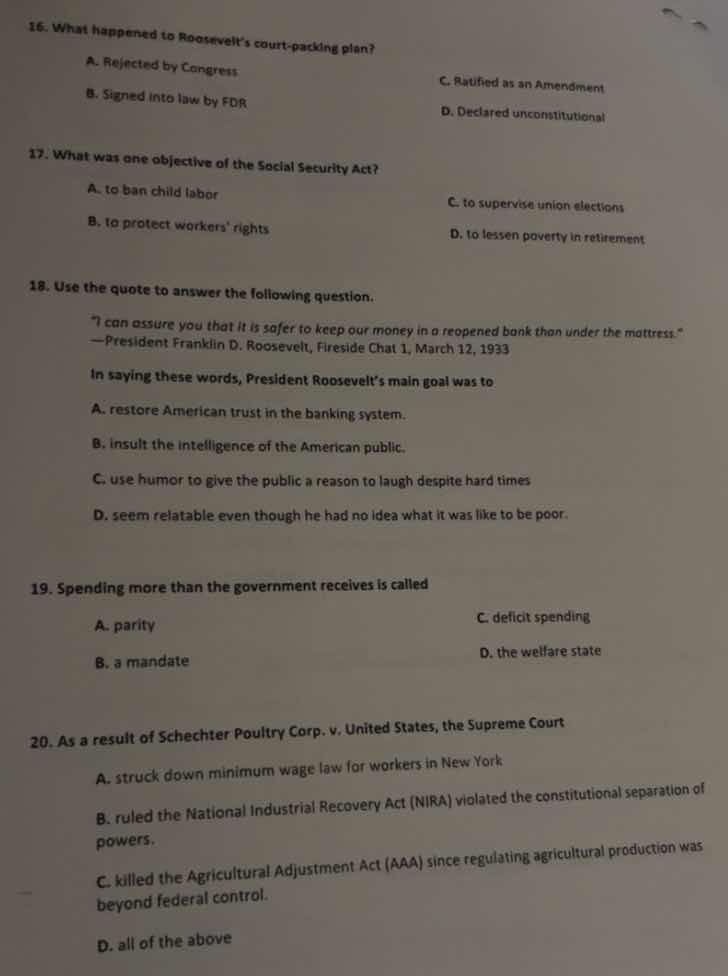 16. what happened to roosevelts court - packing plan? a. rejected by co…