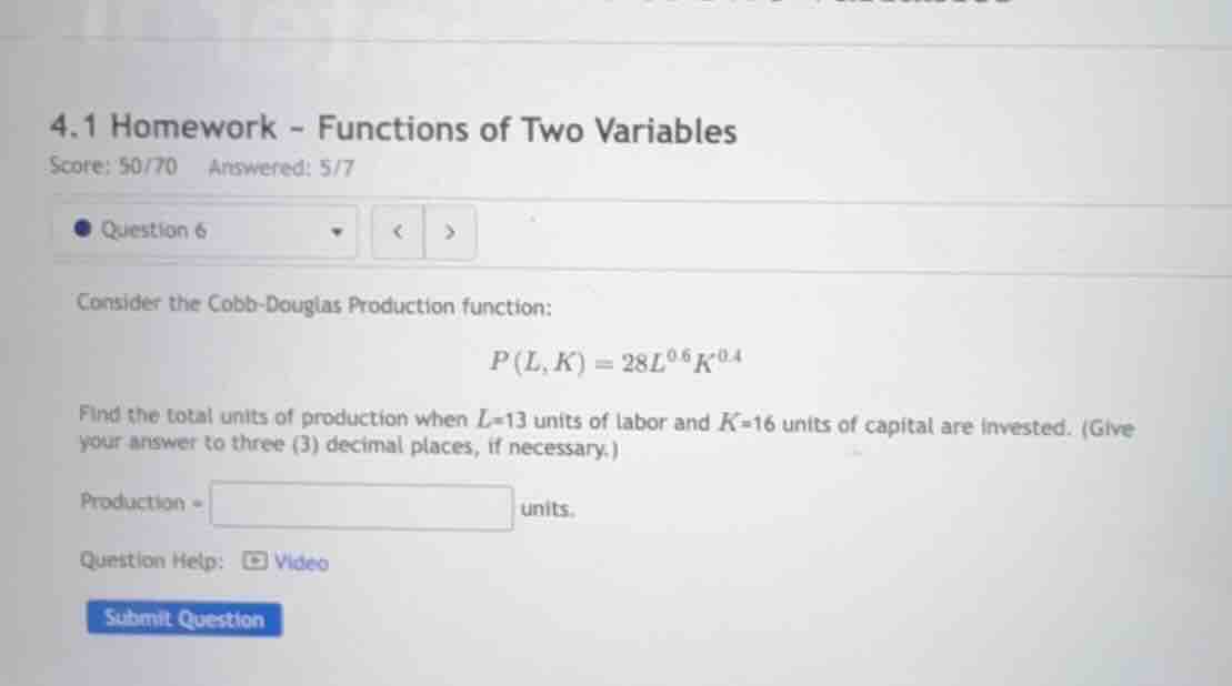4.1 homework - functions of two variables score: 50/70 answered: 5/7 qu…