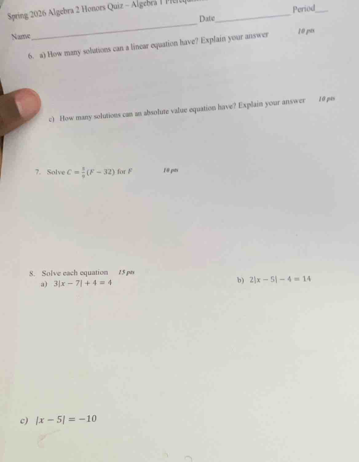 spring 2026 algebra 2 honors quiz - algebra 1 prerequisites name ______…