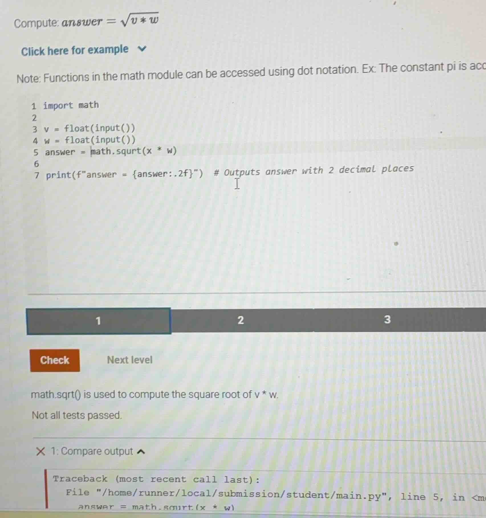 compute: $answer = \\sqrt{v * w}$ click here for example note: function…