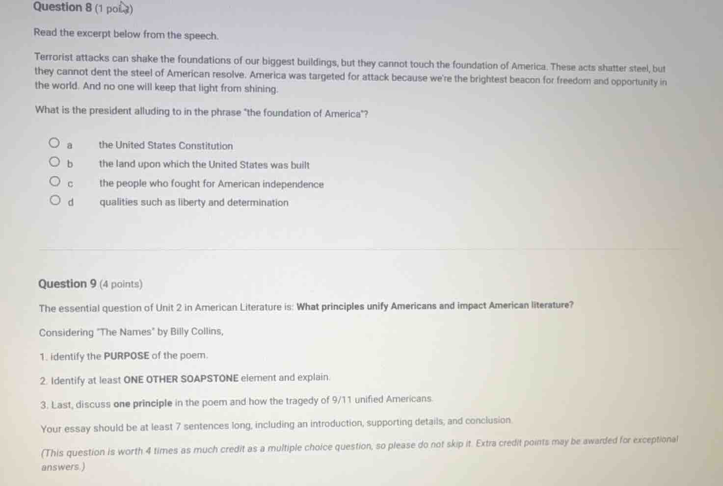 question 8 (1 poi read the excerpt below from the speech. terrorist att…