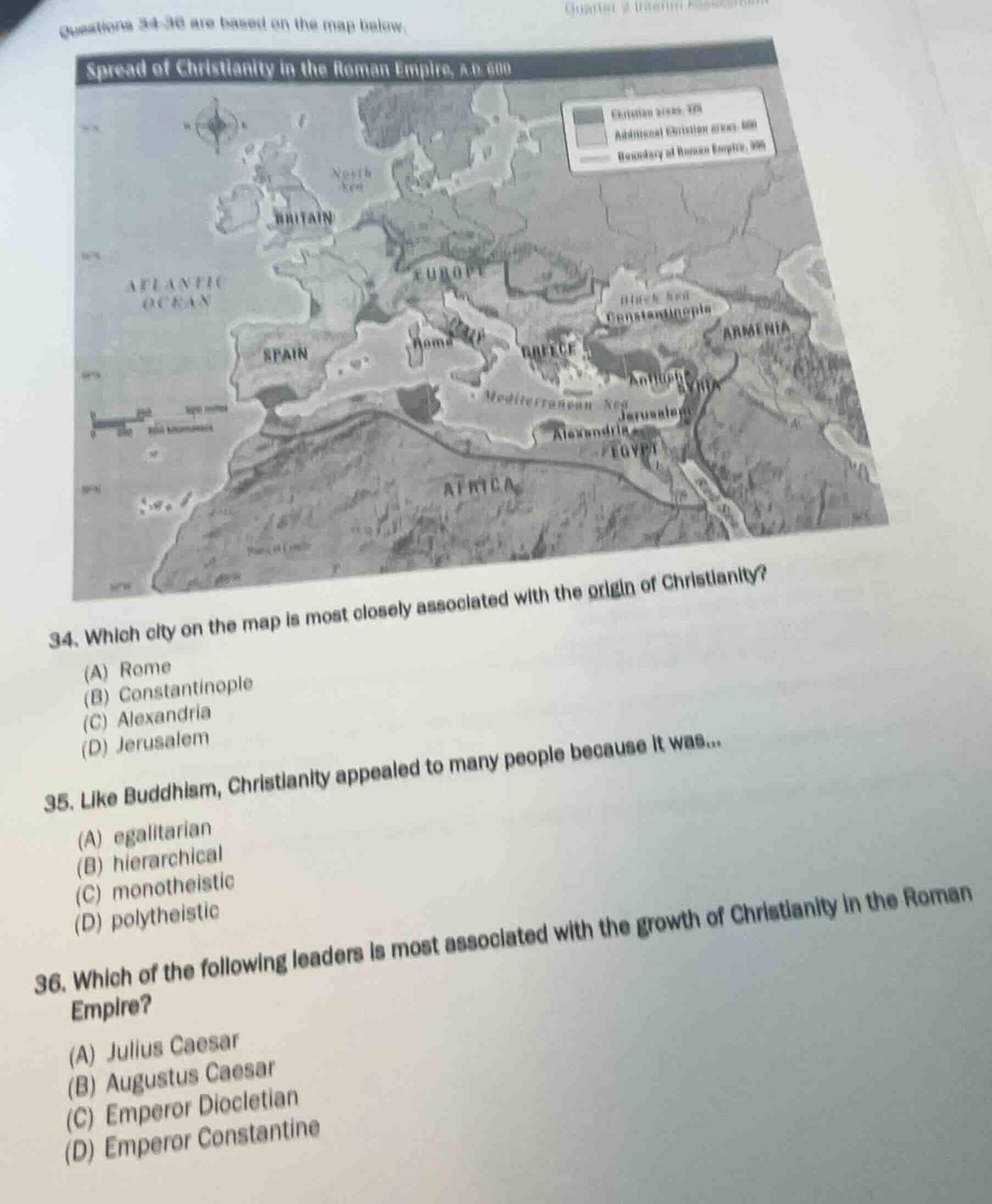 questions 34 - 36 are based on the map below. spread of christianity in…