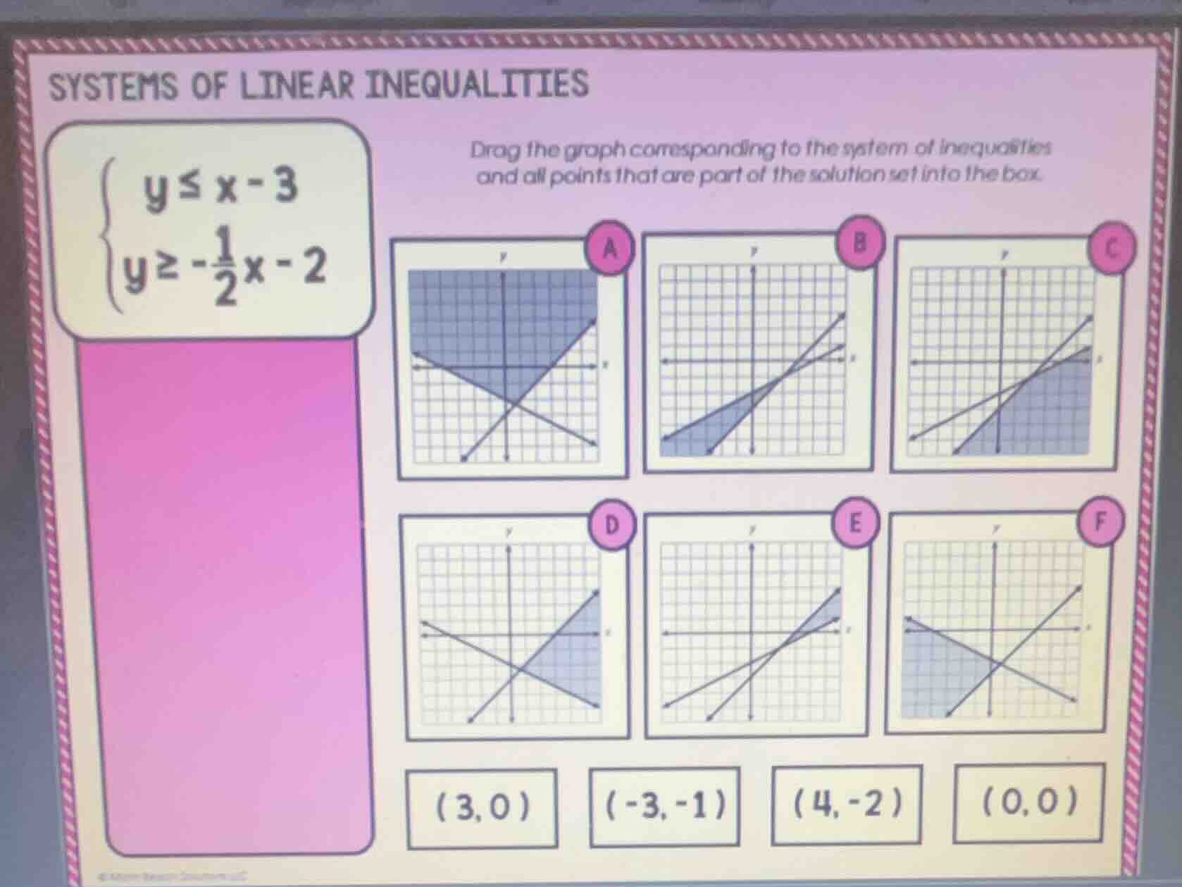 systems of linear inequalities \\begin{cases} y \\leq x - 3 \\\\ y \\ge…