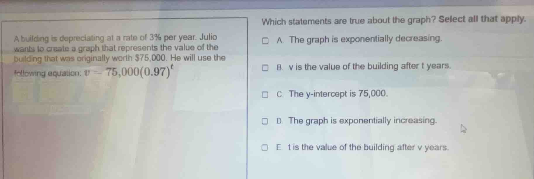 a building is depreciating at a rate of 3% per year. julio wants to cre…