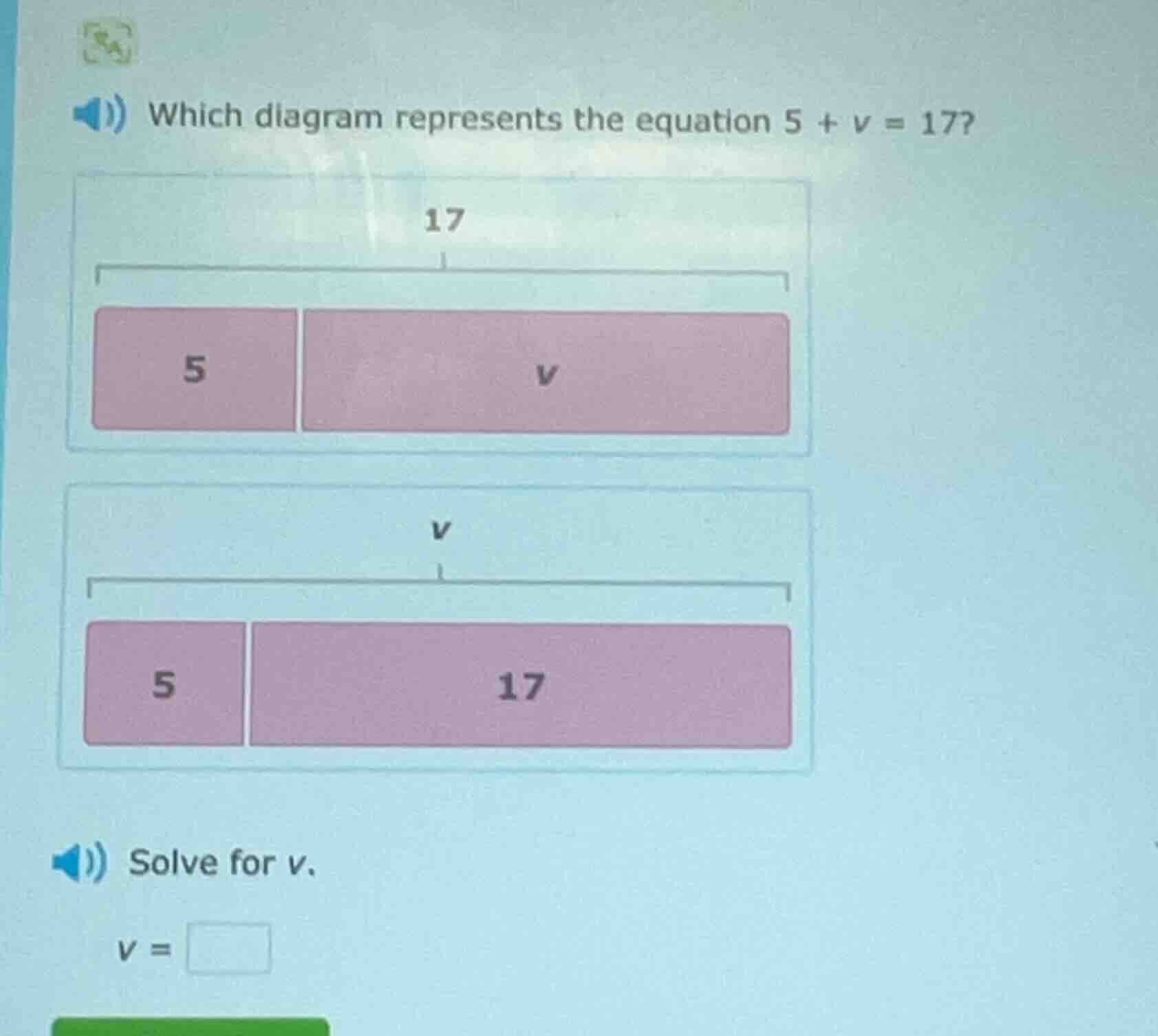 which diagram represents the equation $5 + v = 17$? solve for $v$. $v =…