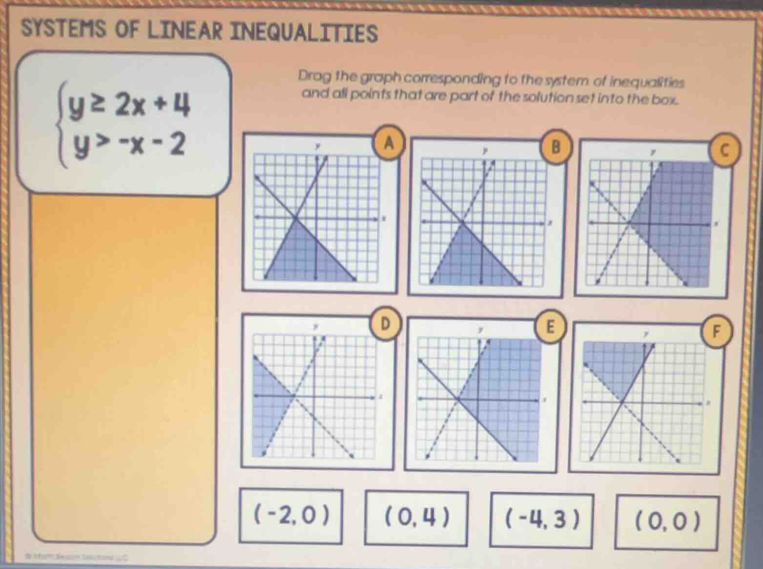 systems of linear inequalities \\begin{cases} y \\geq 2x + 4 \\\\ y > -…