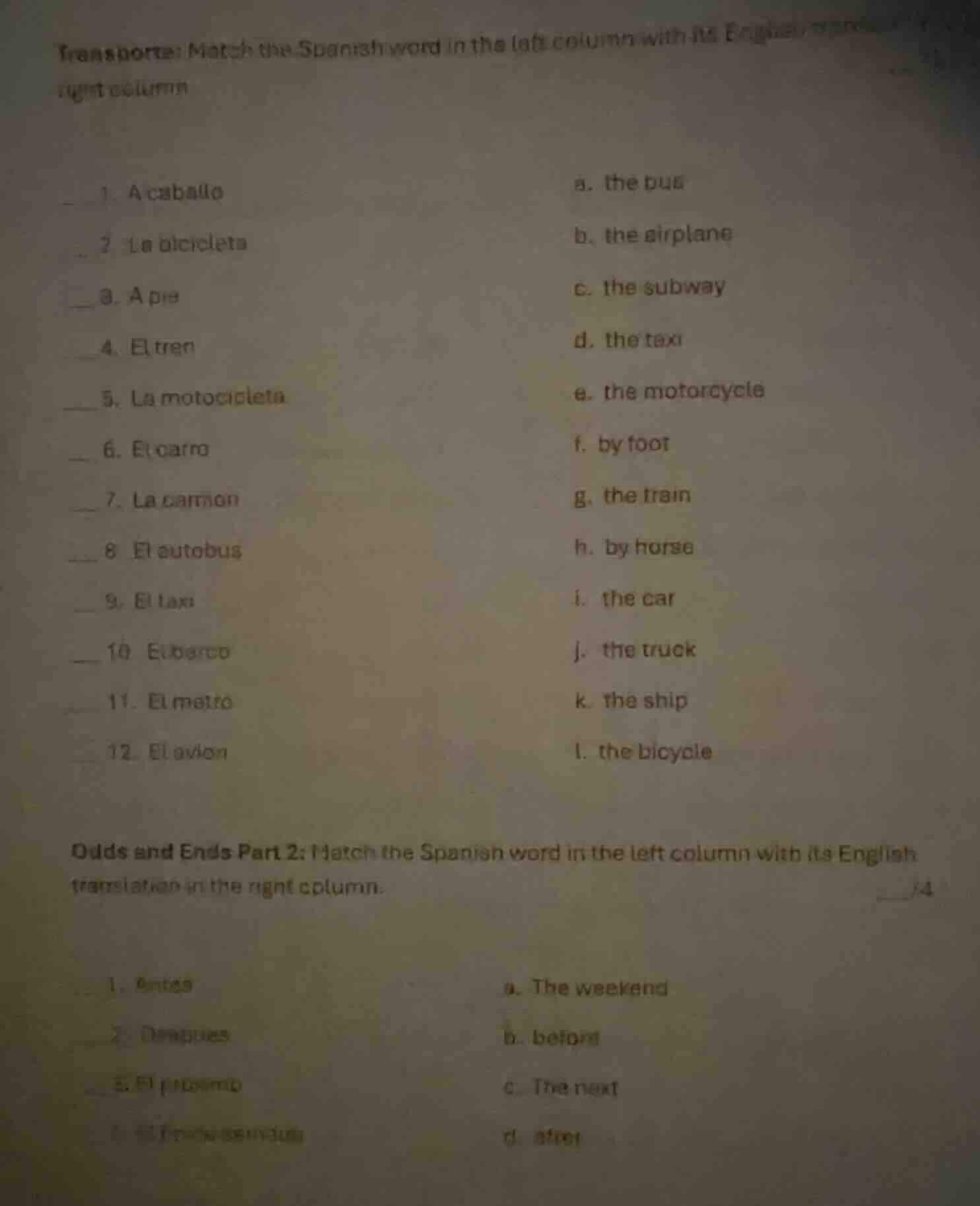 transporte: match the spanish word in the left column with its english …