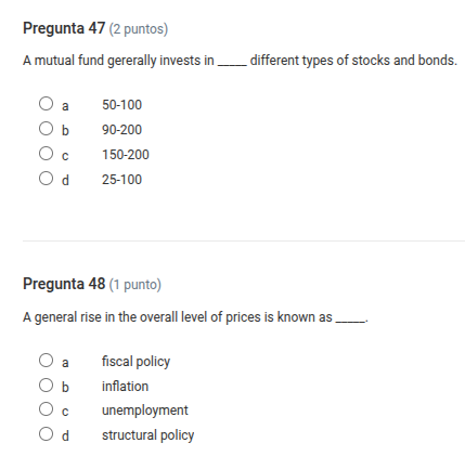 pregunta 47 (2 puntos) a mutual fund generally invests in ___ different…
