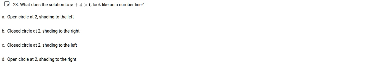 23. what does the solution to ( x + 4 > 6 ) look like on a number line?…