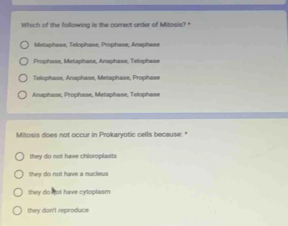 which of the following is the correct order of mitosis? * metaphase, te…