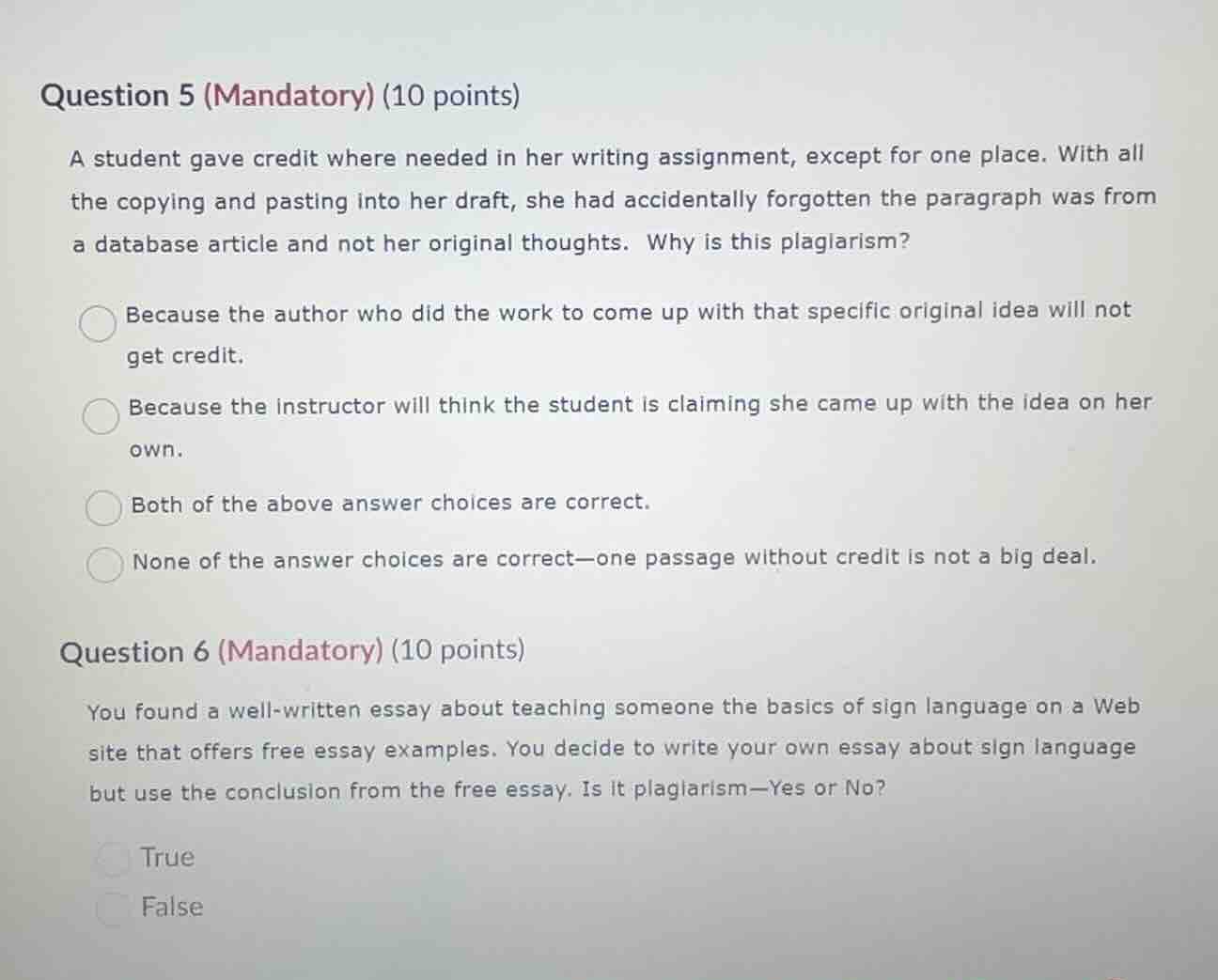 question 5 (mandatory) (10 points) a student gave credit where needed i…