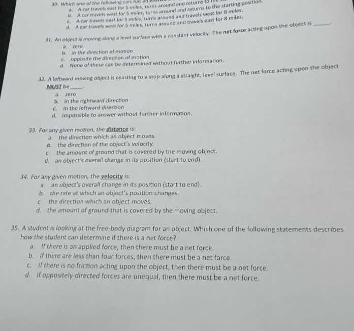 30. which one of the following cars a. a car travels east for 5 miles, …