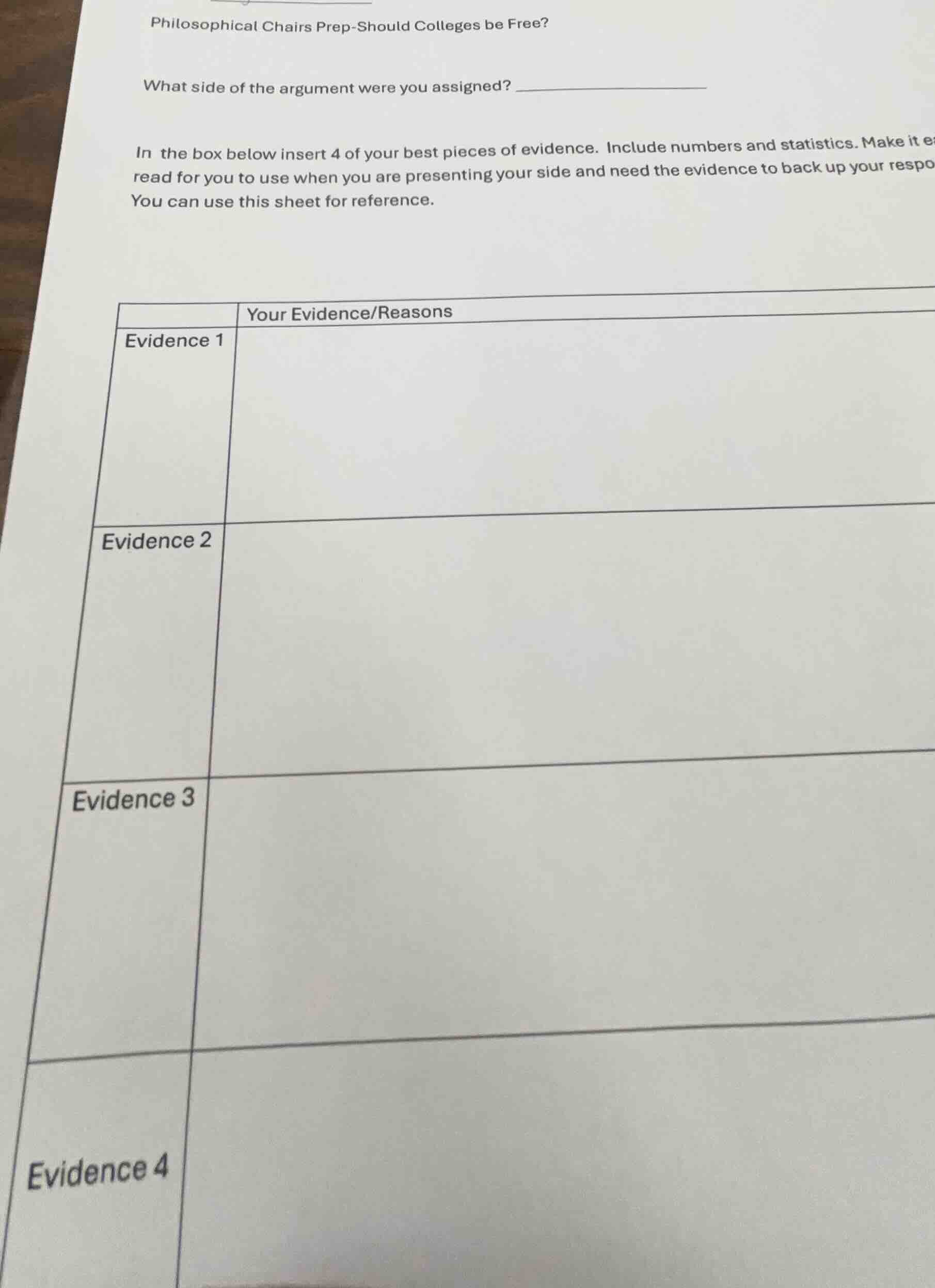 philosophical chairs prep-should colleges be free? what side of the arg…