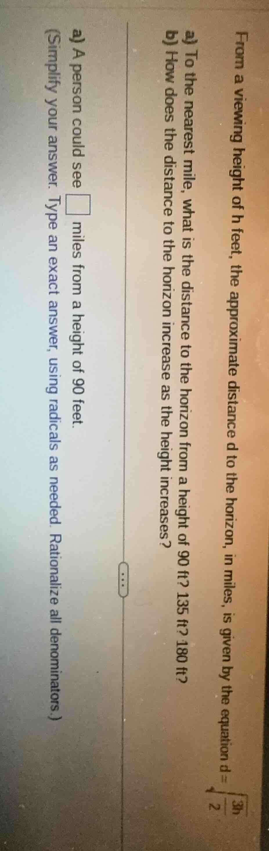 from a viewing height of h feet, the approximate distance d to the hori…