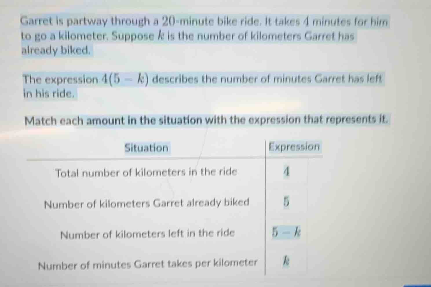 garret is partway through a 20 - minute bike ride. it takes 4 minutes f…