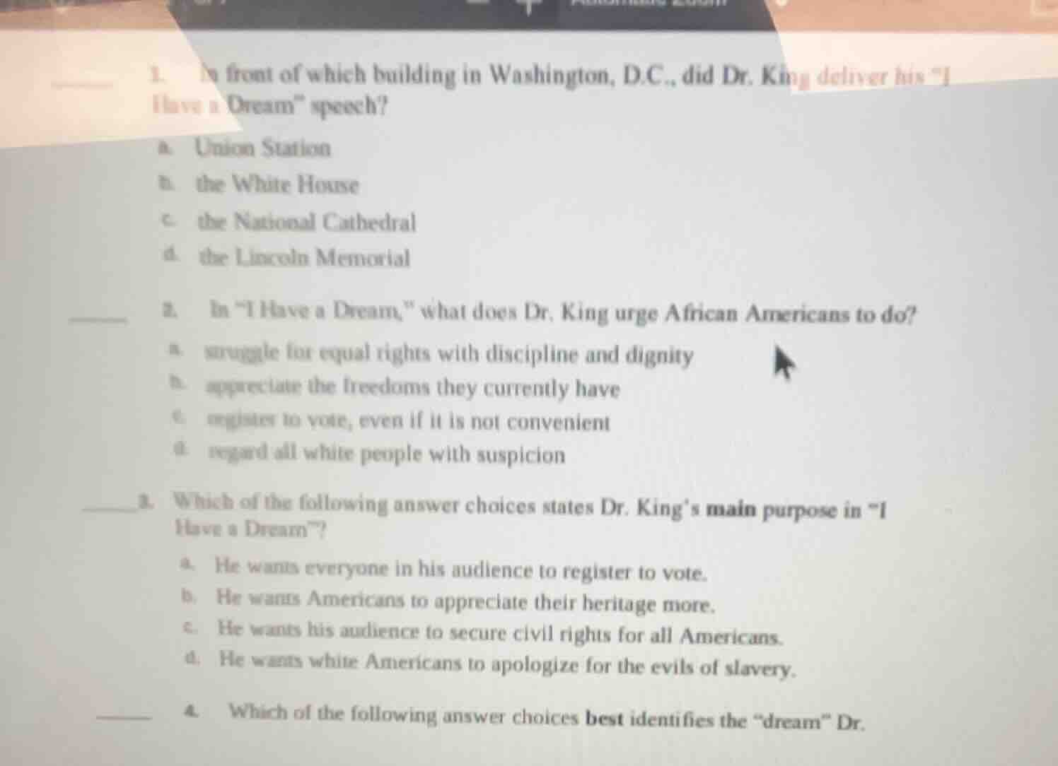 1. in front of which building in washington, d.c., did dr. king deliver…