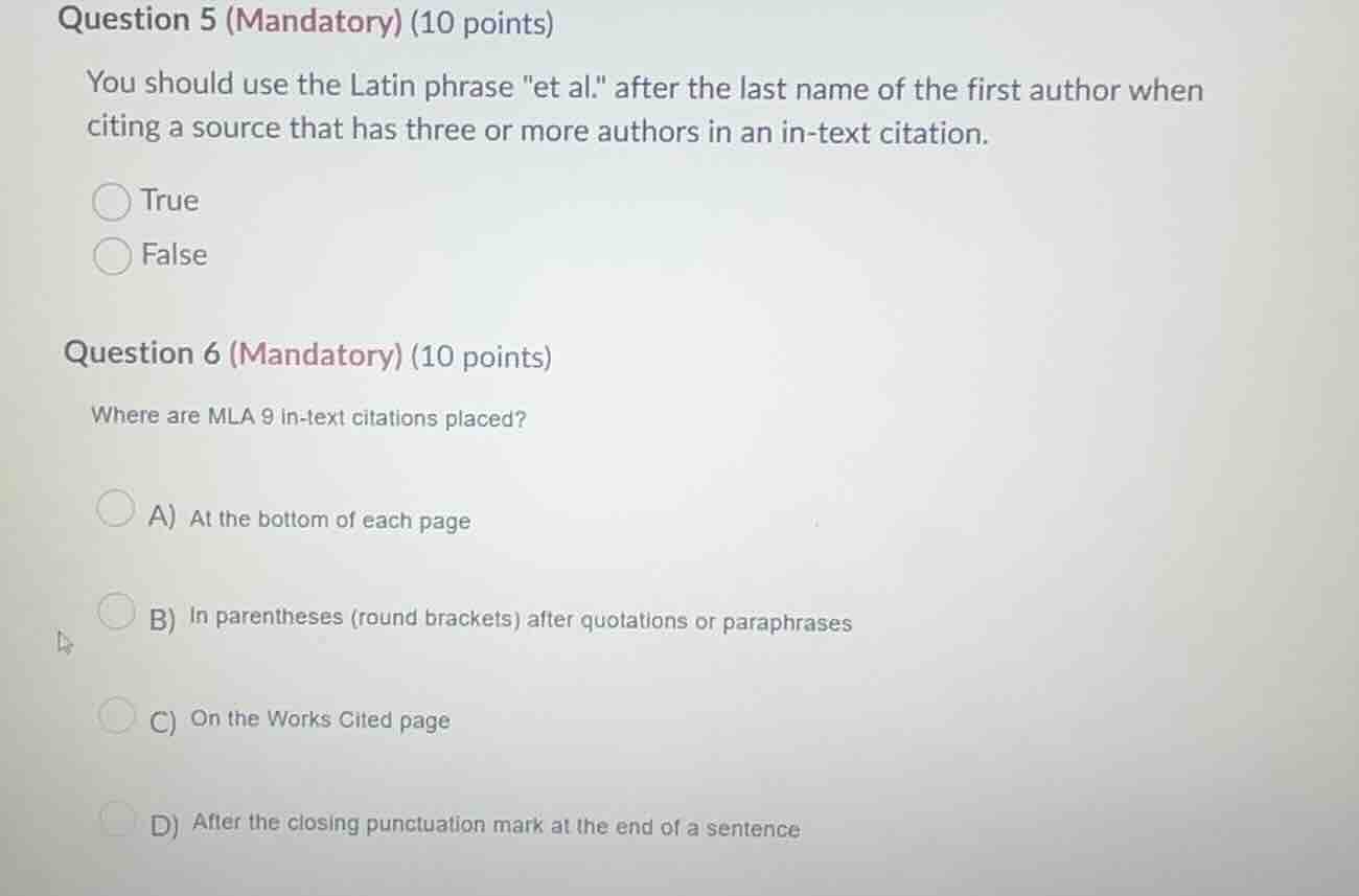 question 5 (mandatory) (10 points) you should use the latin phrase \et …