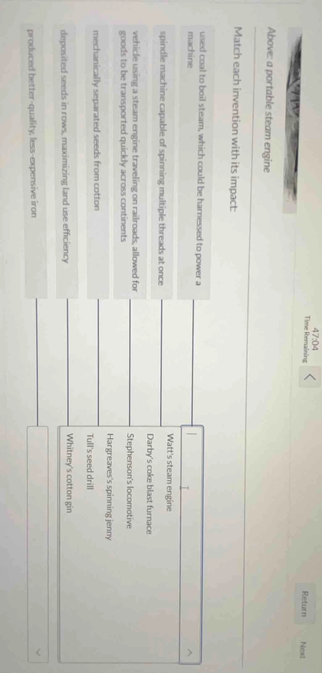 above: a portable steam engine match each invention with its impact: us…